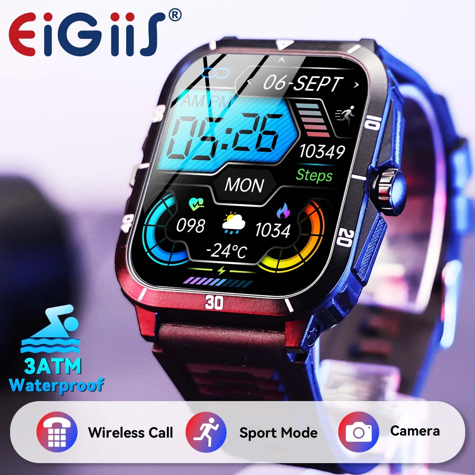 EIGIIS Smart Watch 3ATM Waterproof 1.96" IPS Screen Military KT71 Men