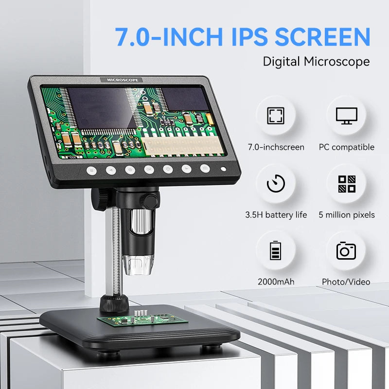 7Inch IPS Digital Coin Microscope 5MP 1200X Ultra-Precise Focusing Camera 1080P Video Microscope 8 LED Lights for Coin Circuit