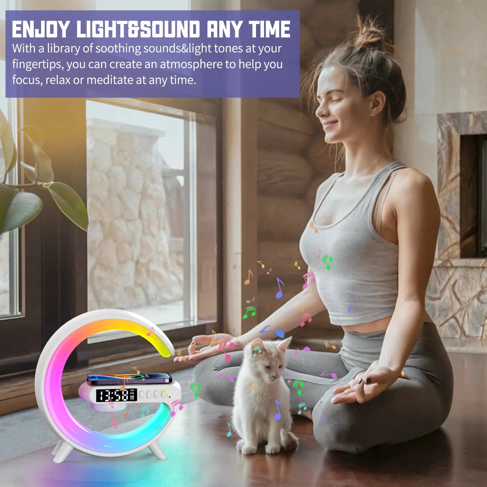 RGB Night Light Wireless Charger Stand with Bluetooth Speaker &amp; Alarm Clock