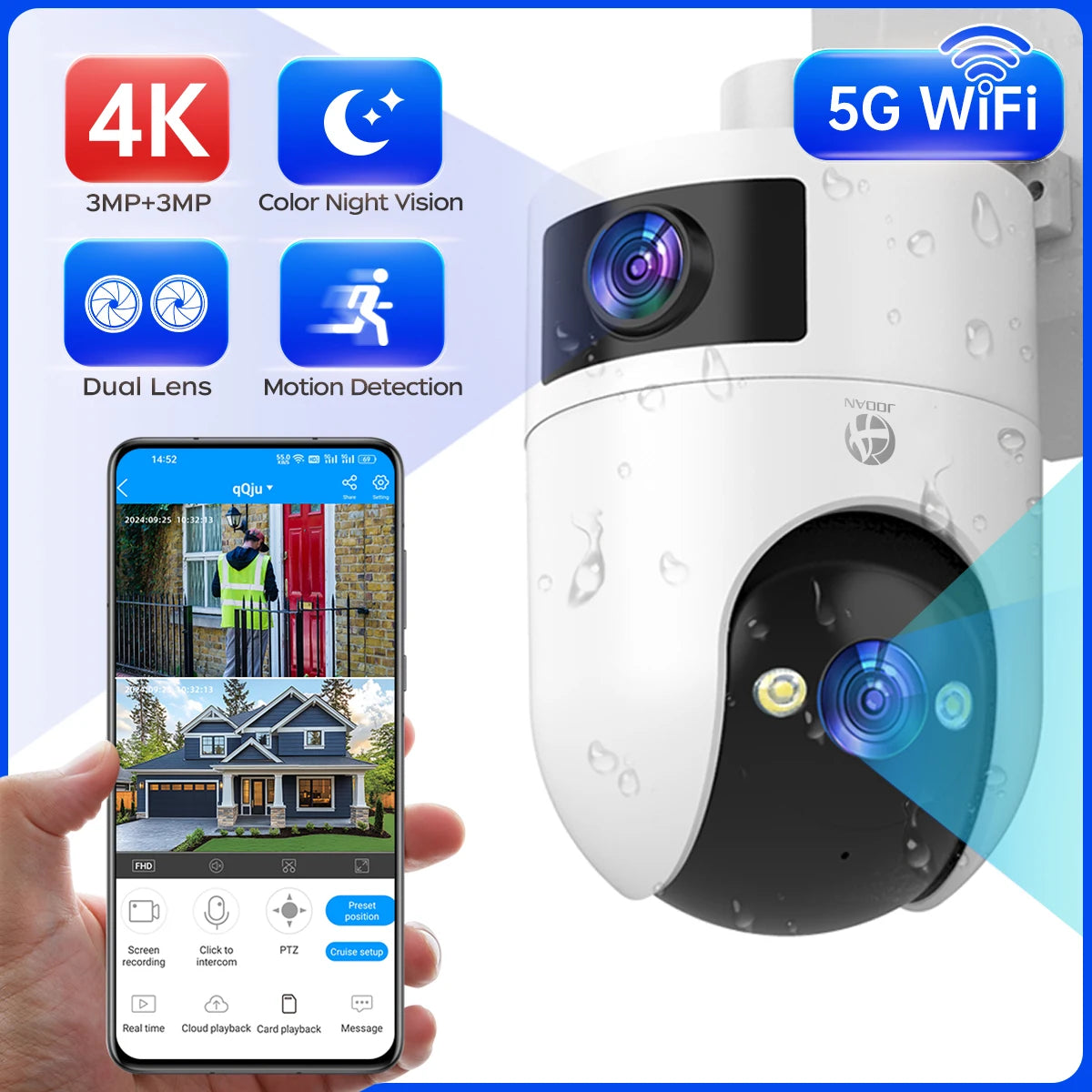 4K PTZ IP Camera Outdoor Waterproof Dual Lens 5G WiFi Security Camera Auto Tracking Video Surveillance Camera Baby Monitor