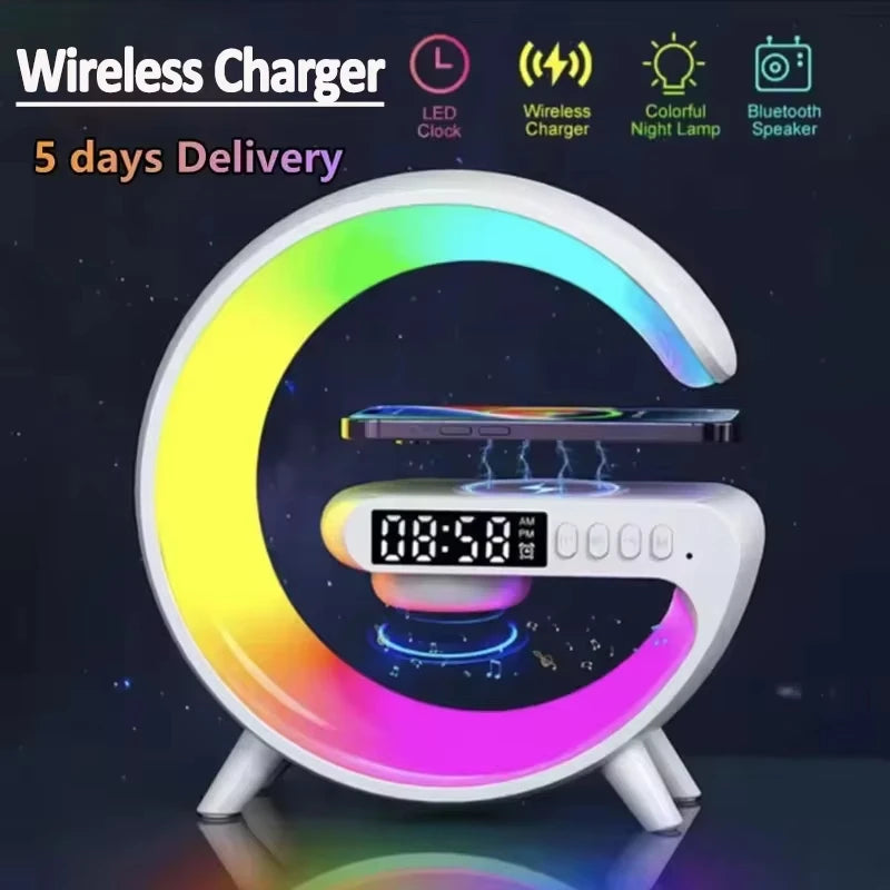 RGB Night Light Wireless Charger Stand with Bluetooth Speaker &amp; Alarm Clock