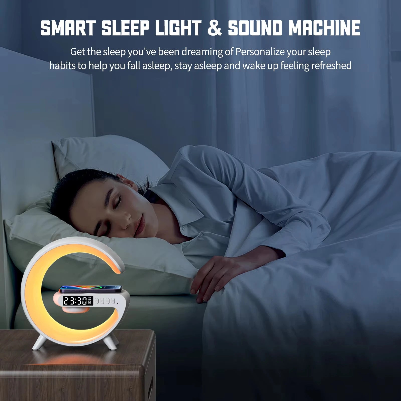 RGB Night Light Wireless Charger Stand with Bluetooth Speaker &amp; Alarm Clock