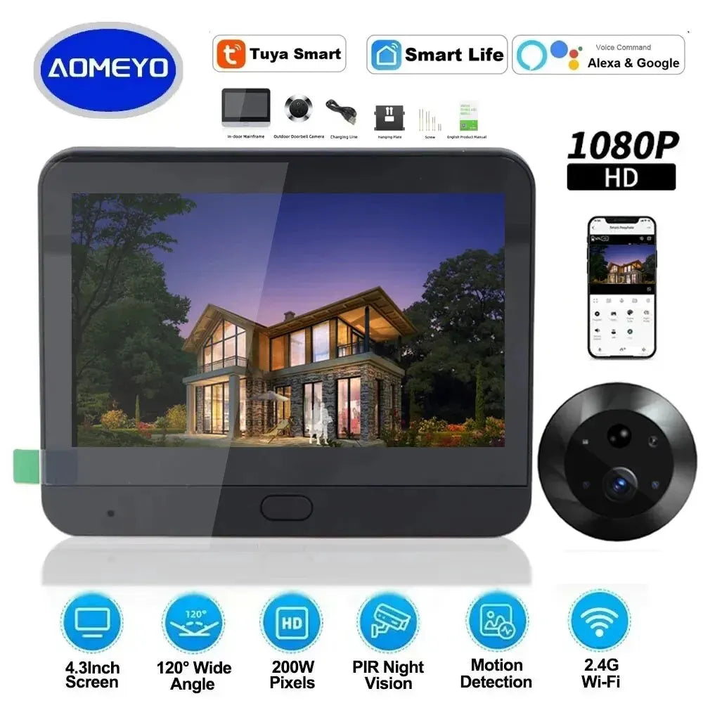 4.3 Inch Tuya Wide Angle Door Peephole Camera One Way Intercom Video Eye Motion Detection Wifi Doorbell Camera 5000mAh Battery