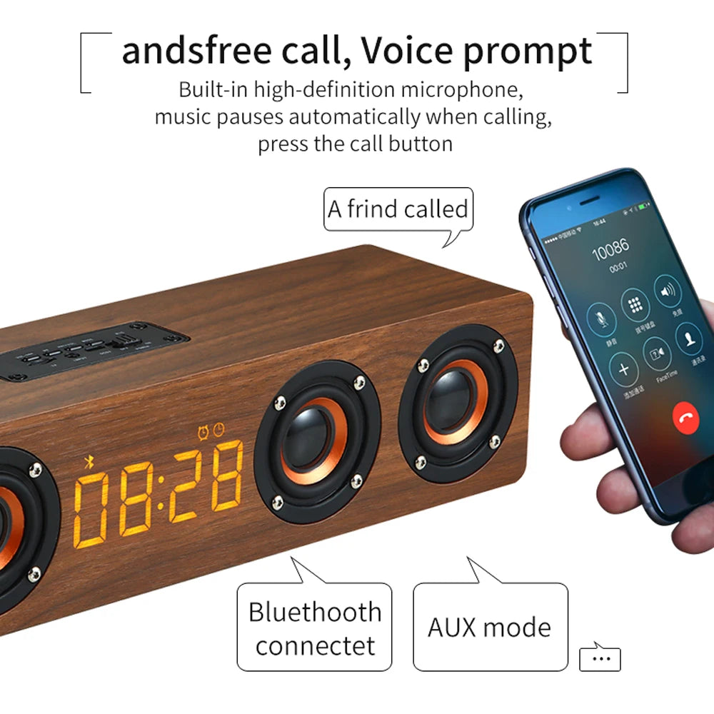 Rechargeable Wooden Alarm Clock with Bluetooth Soundbar & FM Radio