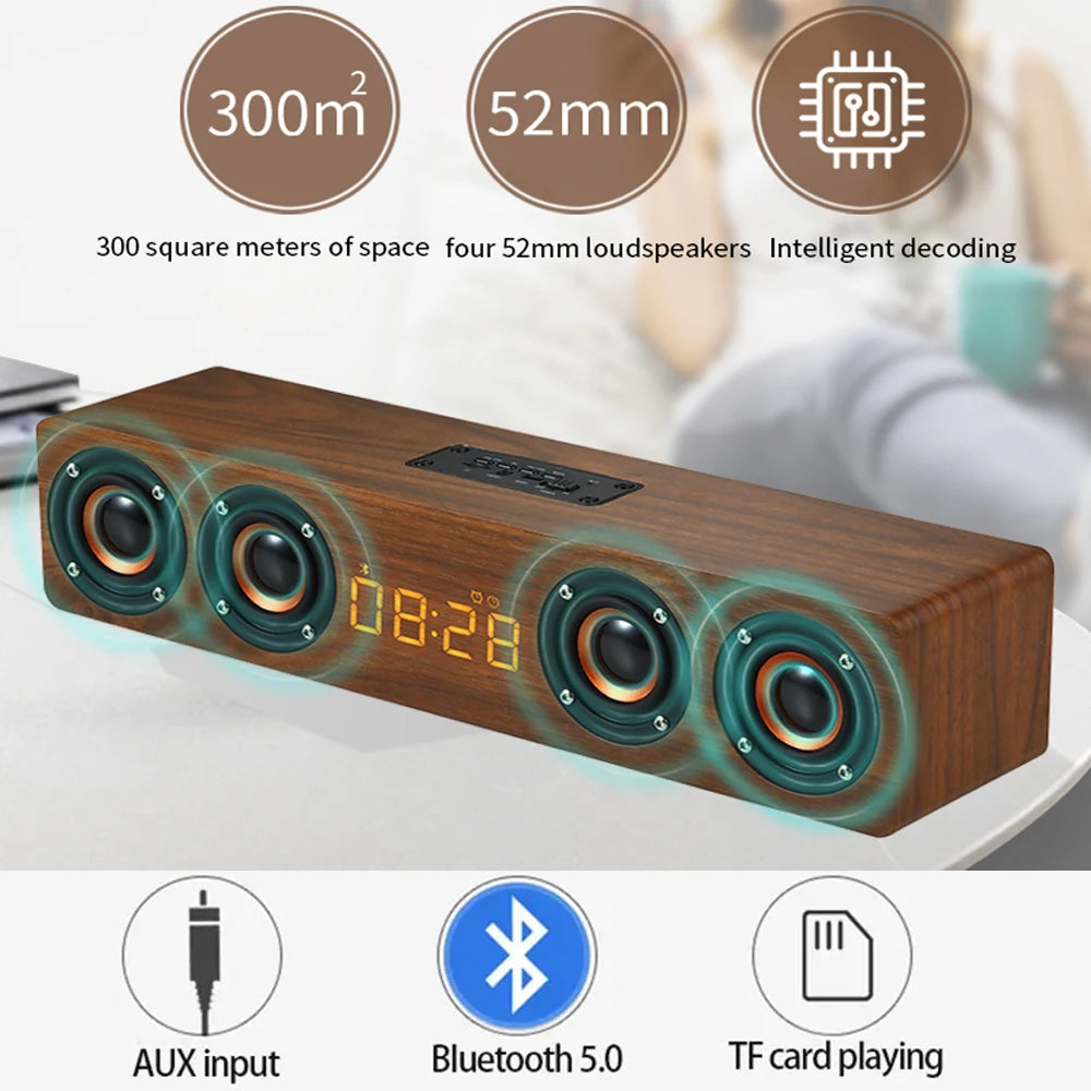 Rechargeable Wooden Alarm Clock with Bluetooth Soundbar & FM Radio