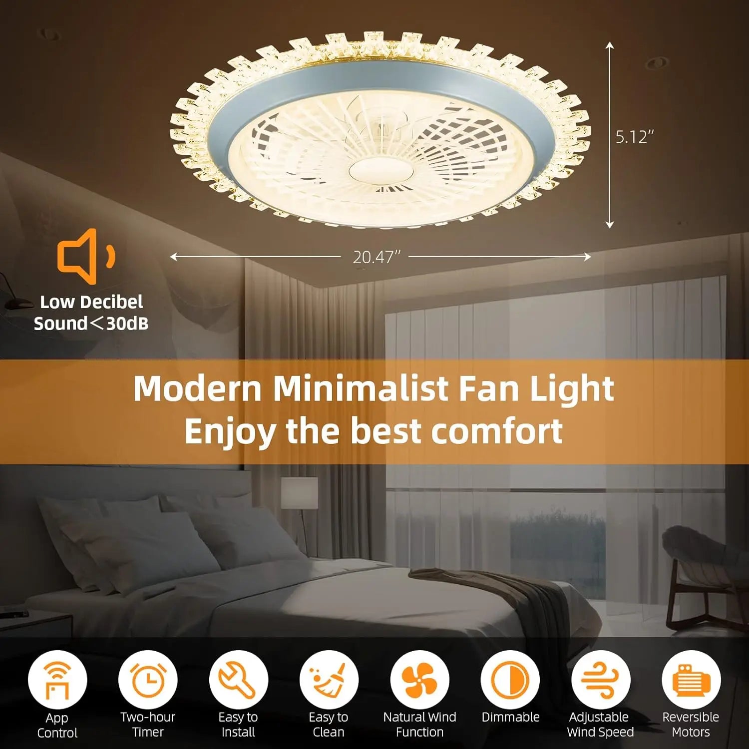 20.5" Ceiling Fan with Lights, Enclosed Bladeless Low Profile Flush Mount Ceiling Fans with Remote Control