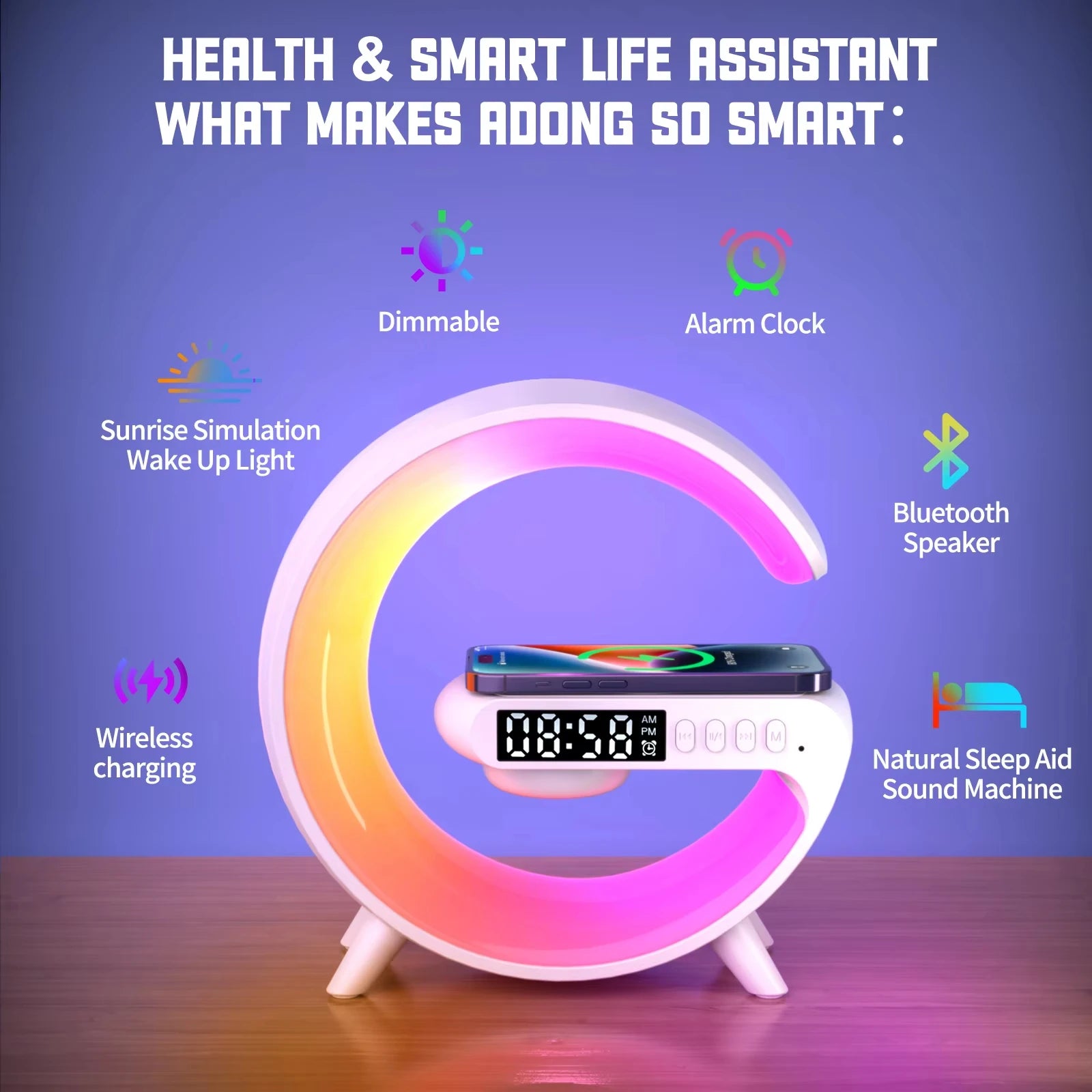 RGB Night Light Wireless Charger Stand with Bluetooth Speaker &amp; Alarm Clock